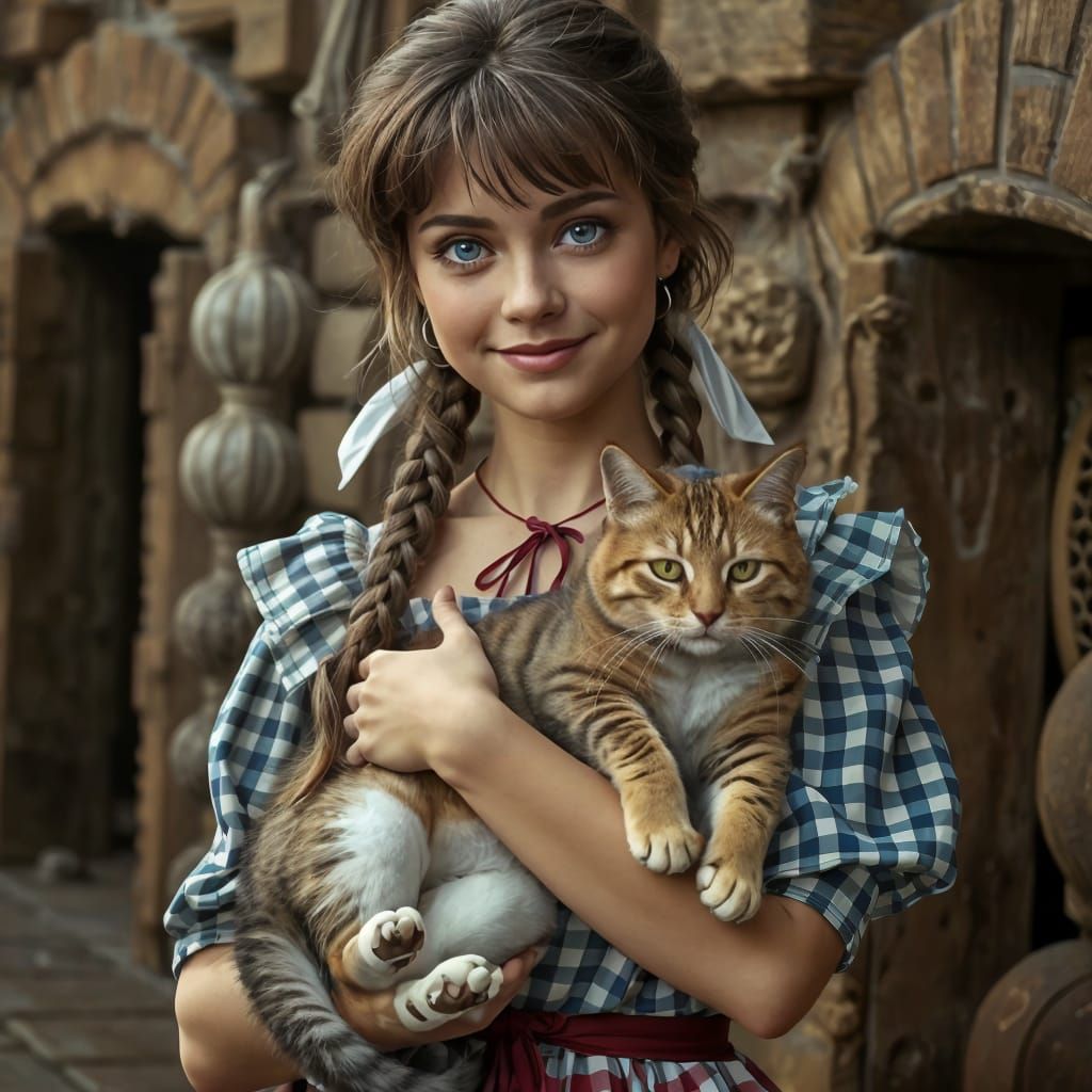 Wholesome Medieval Peasant Girl with Cat in Gingham Dress