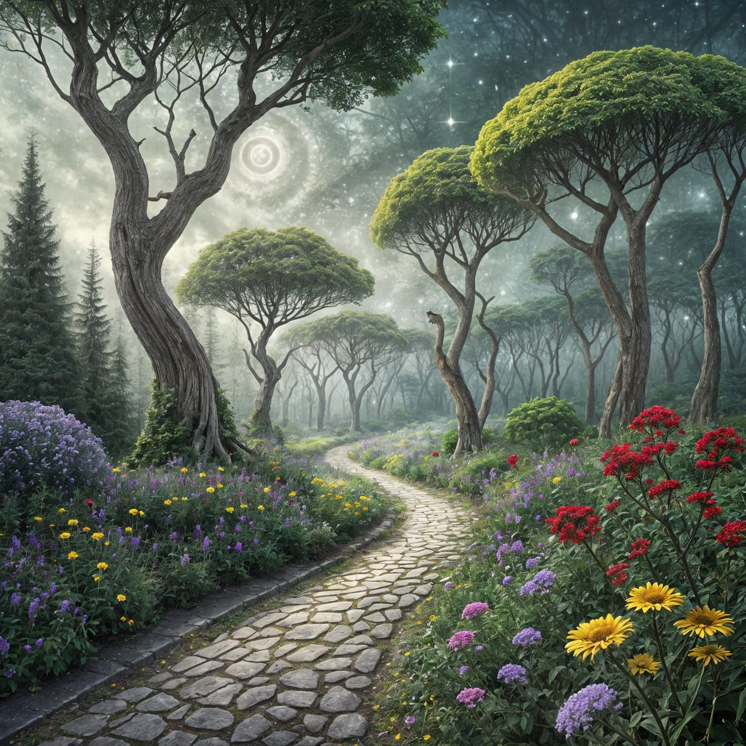 Enchanted Forest with Twisted Trees and Starlit Sky