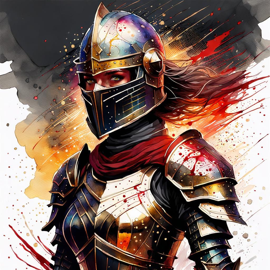 Fierce Knight in Gold Armor Watercolor Illustration