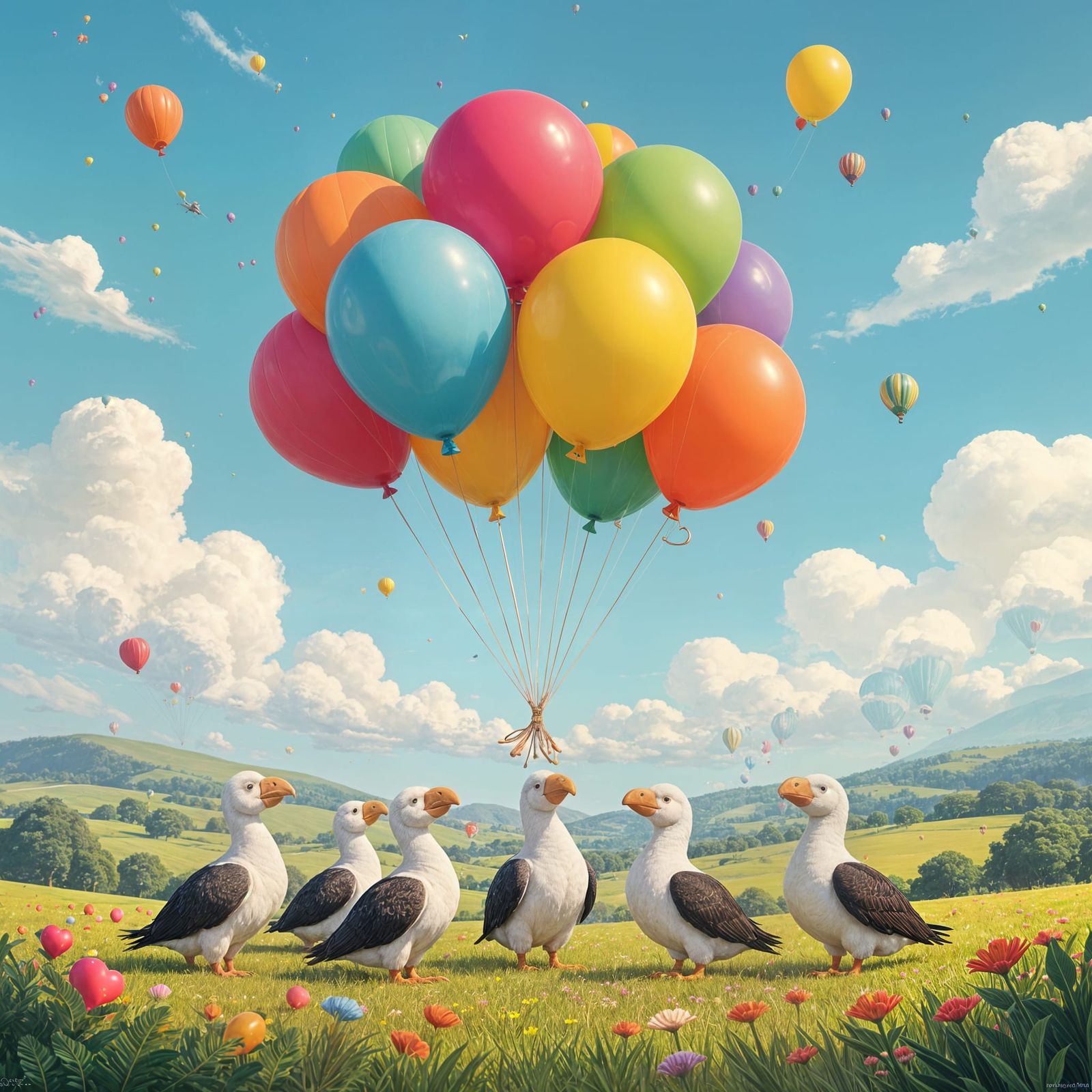 Dodos Comically Fly with Bright Balloons in Whimsical Style