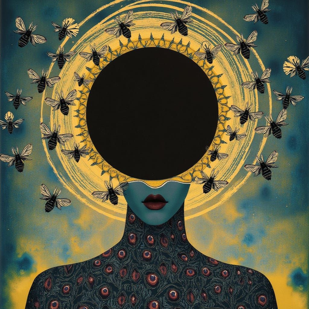 Surreal Woman with Black Hole Head and Honeycomb Halo