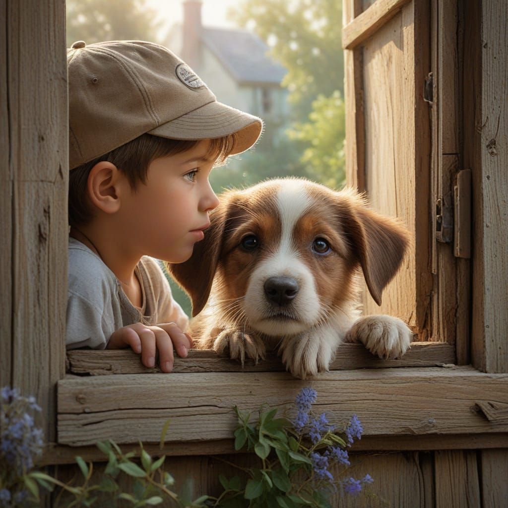 Whimsical Puppy and Boy at Window in Realist Style