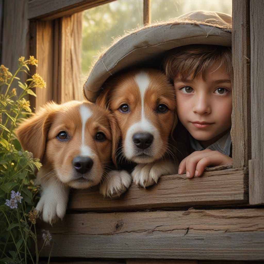 Boy and Puppy Look Through Window in Kinkade Style