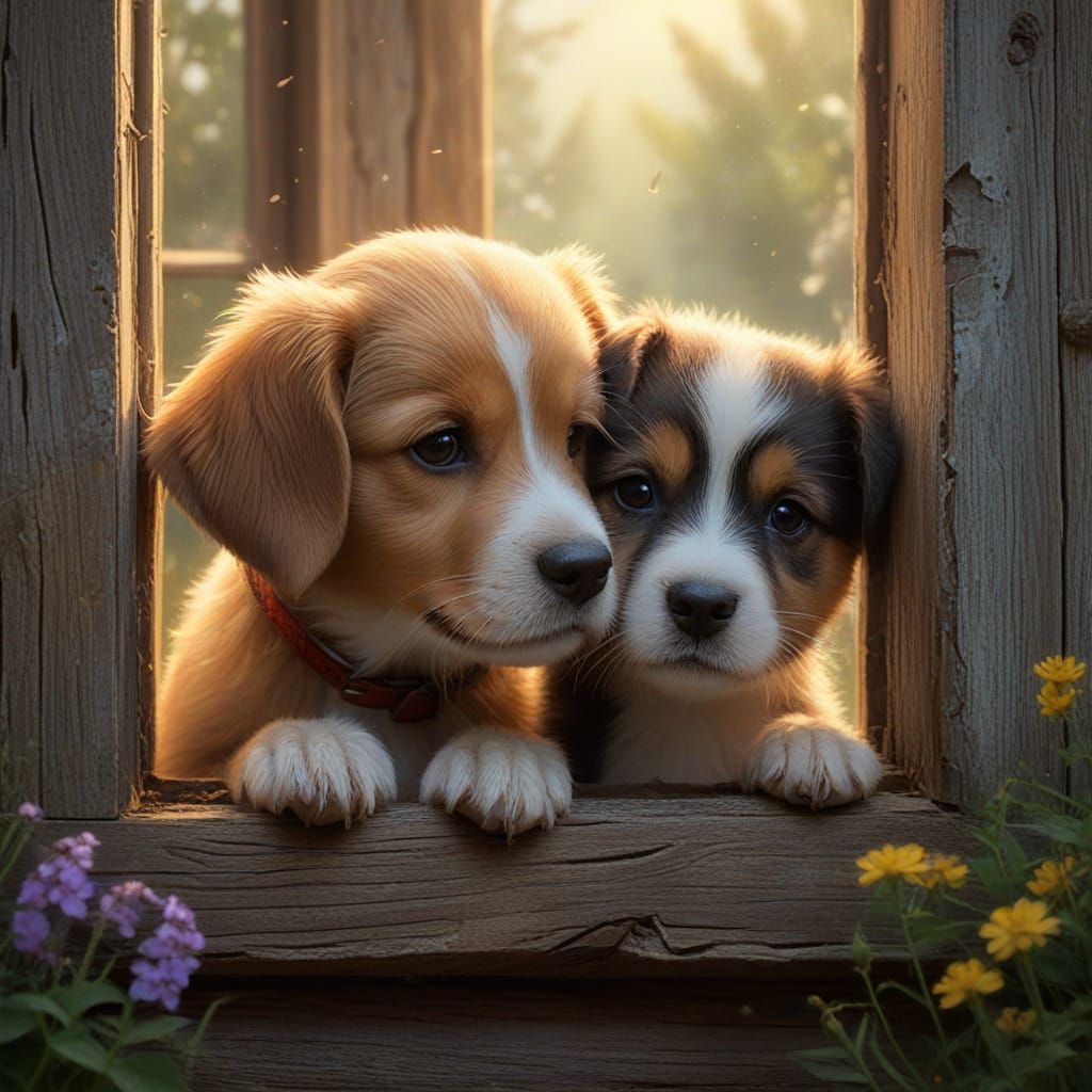 Boy and Puppy at Window in Kinkade Style