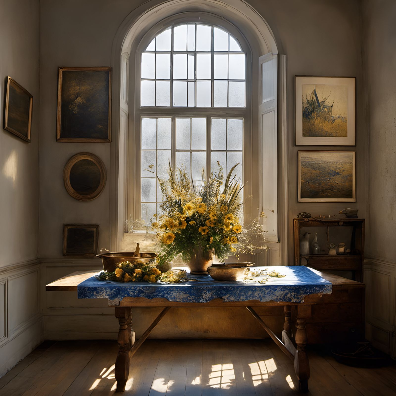 Hyperrealistic Flowers on Butcher Table, Magical Realism
