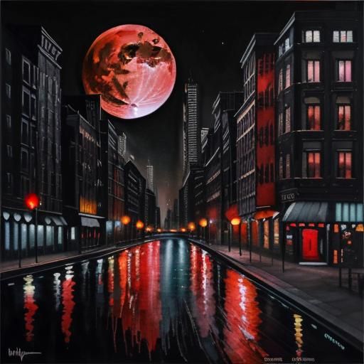 Blood Moon Over Dark Cityscape in Watercolor Style