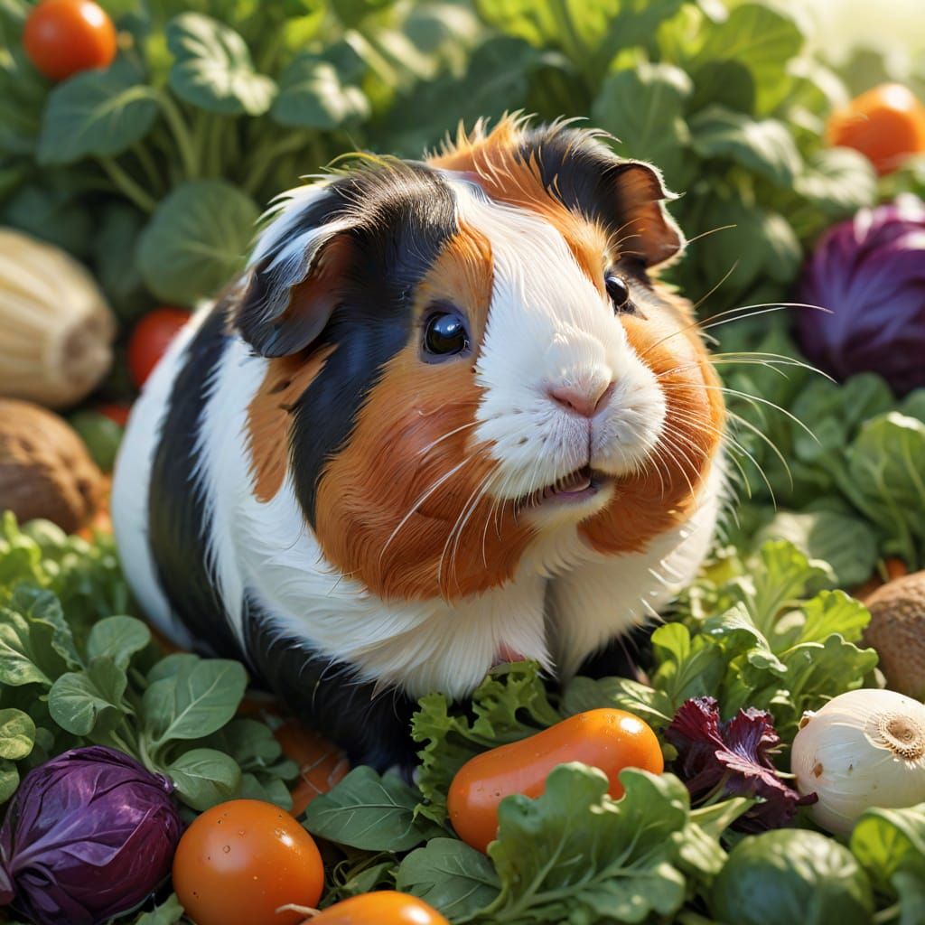 Vibrant Guinea Pig Enjoying Fresh Garden Greens in a Whimsic...
