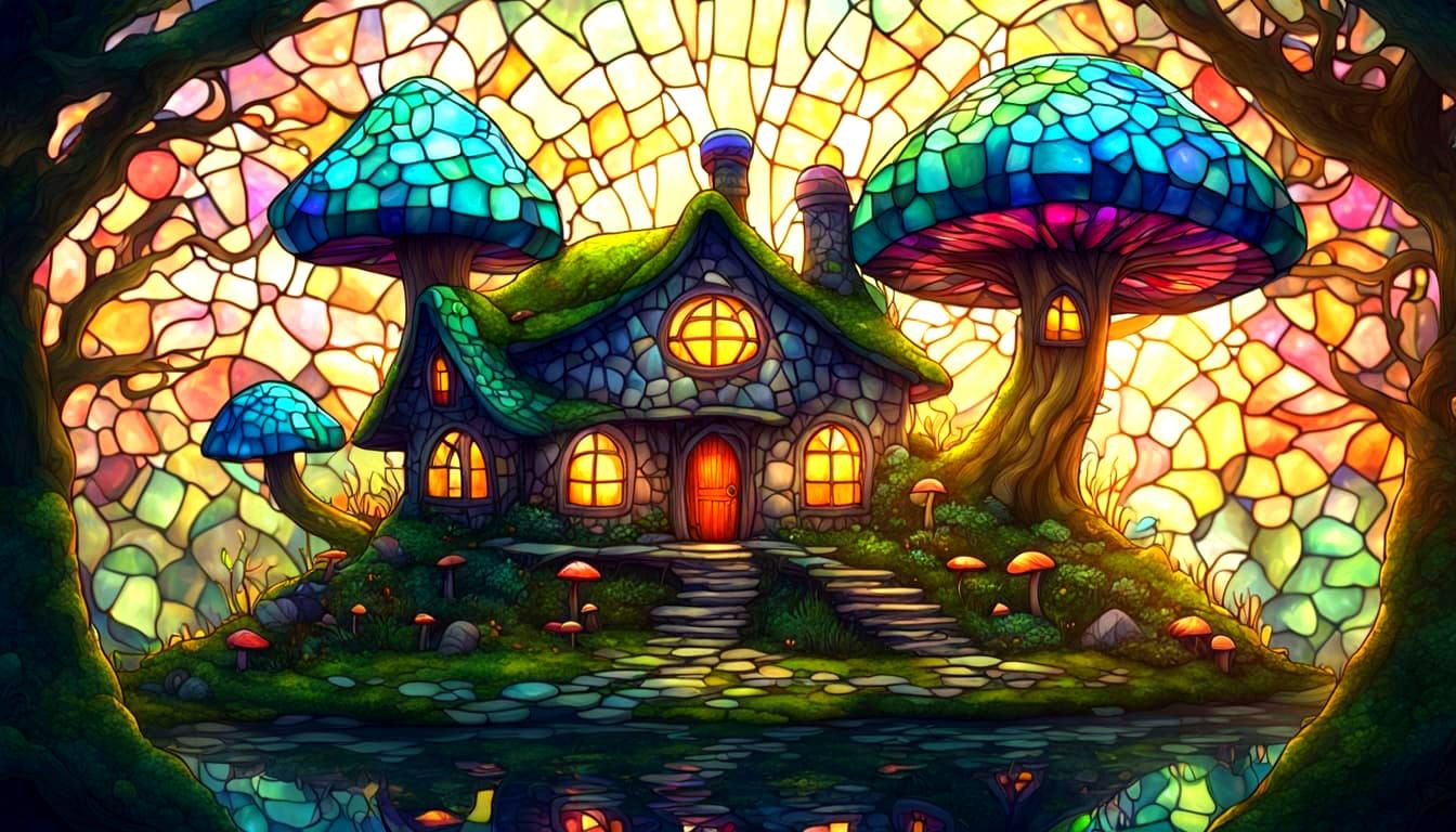 Magic Mushroom House in Stained Glass Style