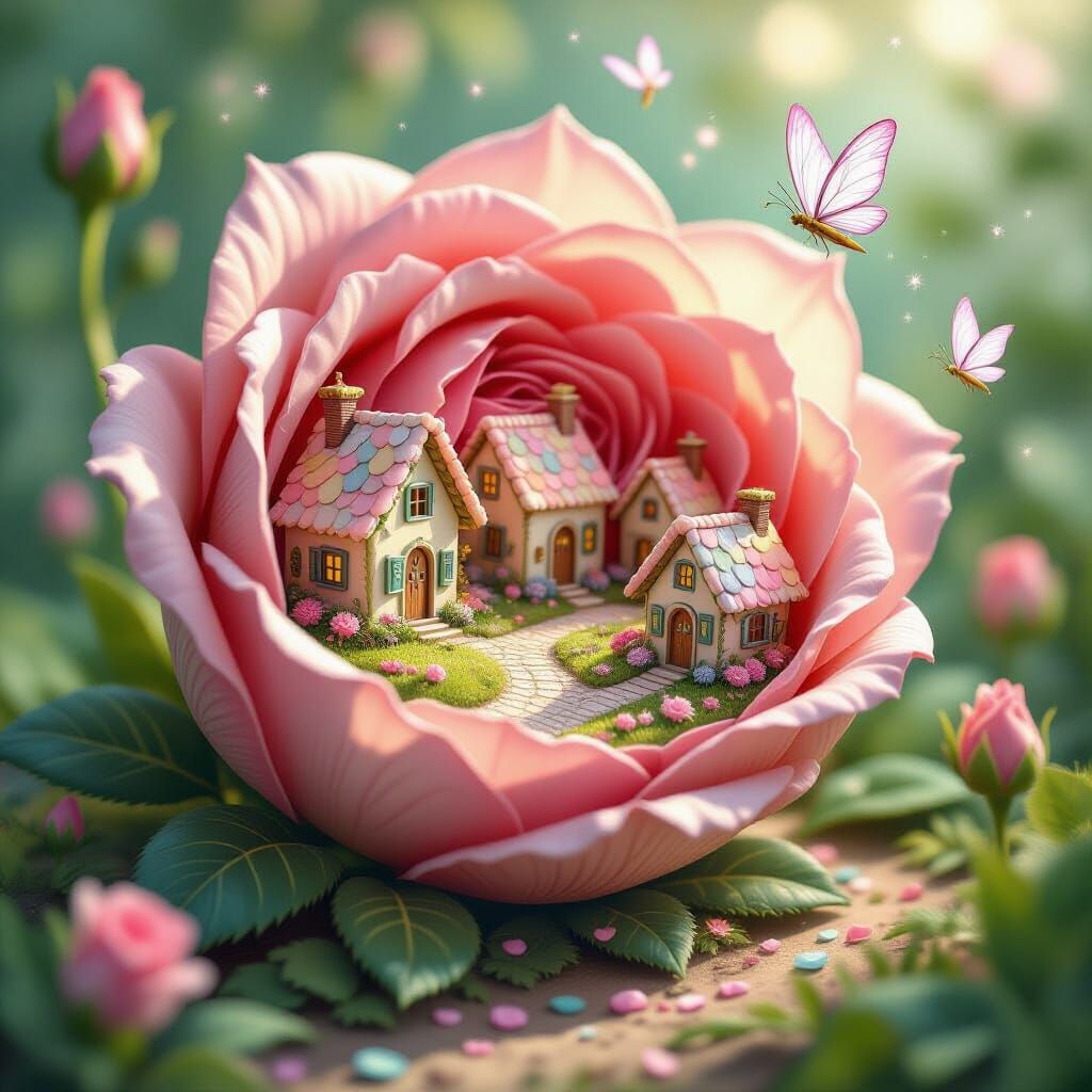 Whimsical Village Inside Giant Rose Bud, Candy Art Style