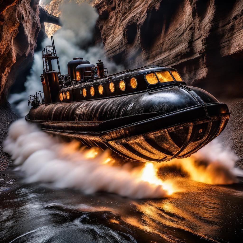 Decaying Steam Hovercraft Races Through Dark Canyon