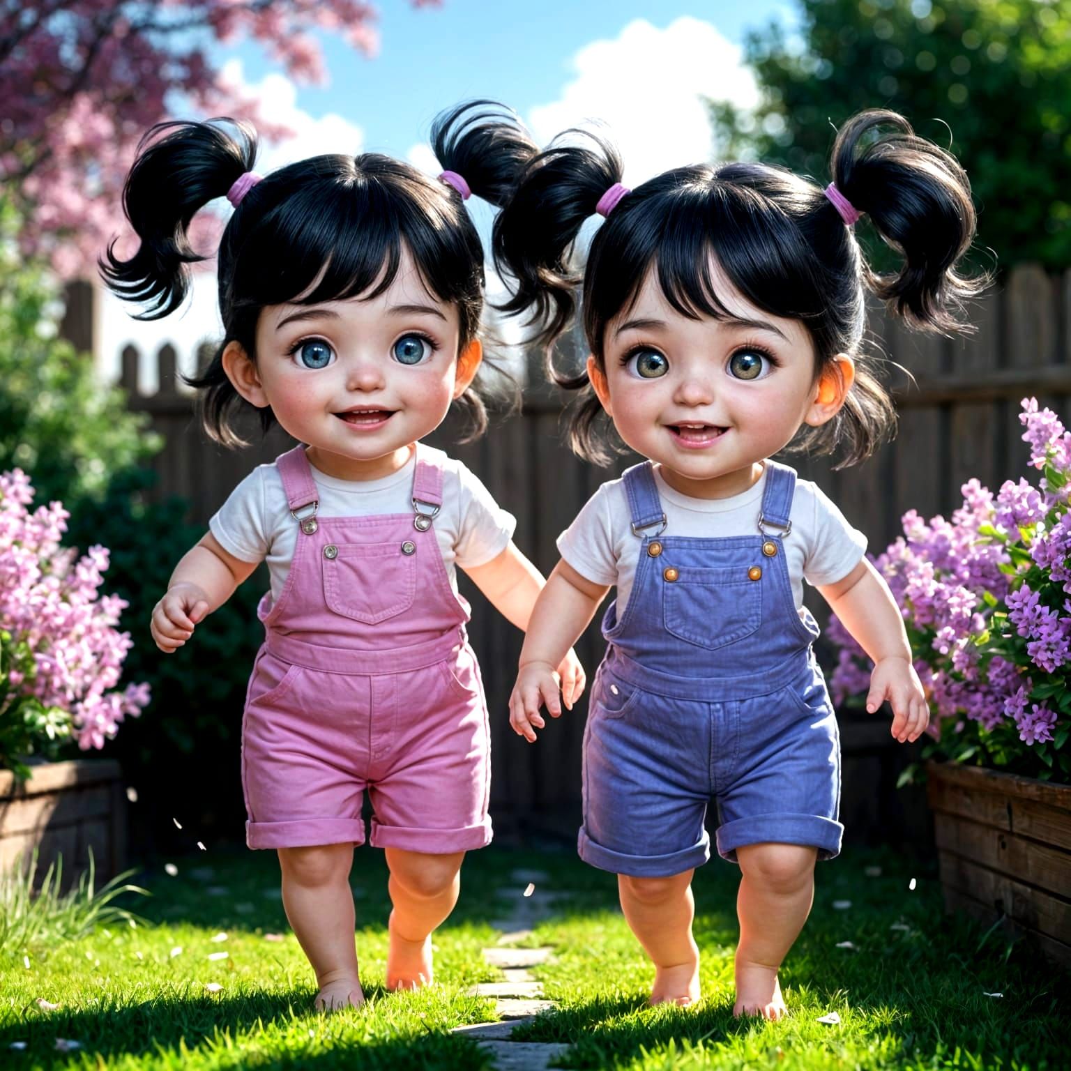 Cute Twin Sisters Play in Sunlit Backyard in 3D Anime Style