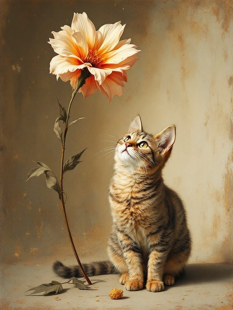 Cat Under Flower in Warm Amber Shadows