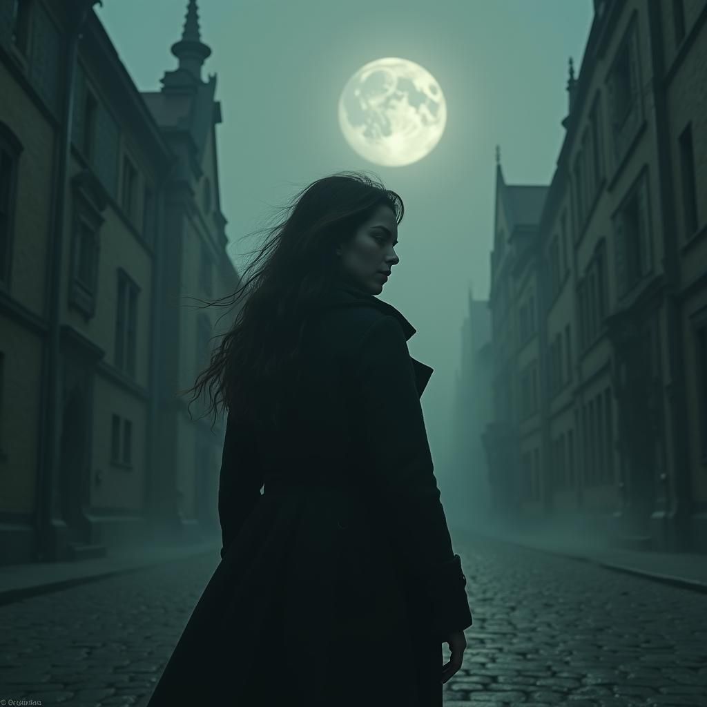 Woman Haunted in Gothic Sci-Fi Cityscape