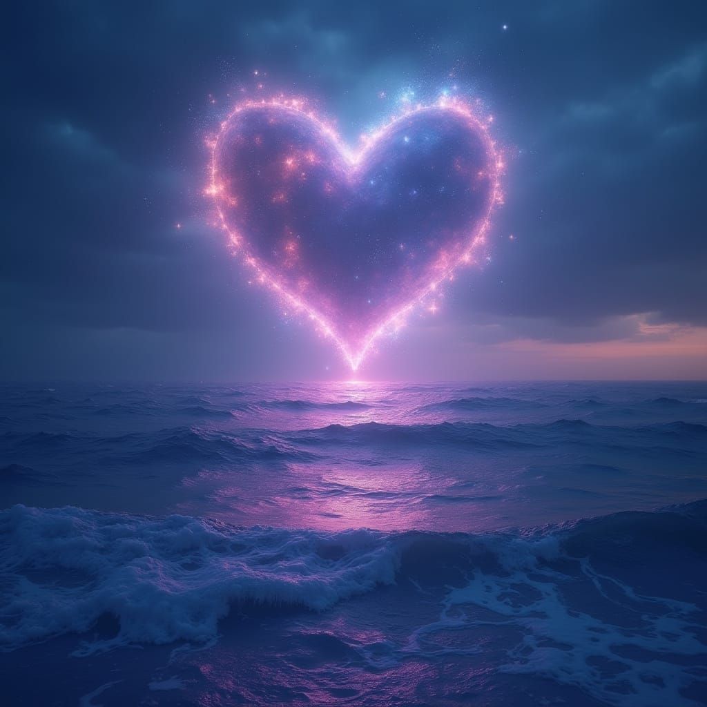 Bioluminescent Ocean with Heart Nebula in Synthwave Style