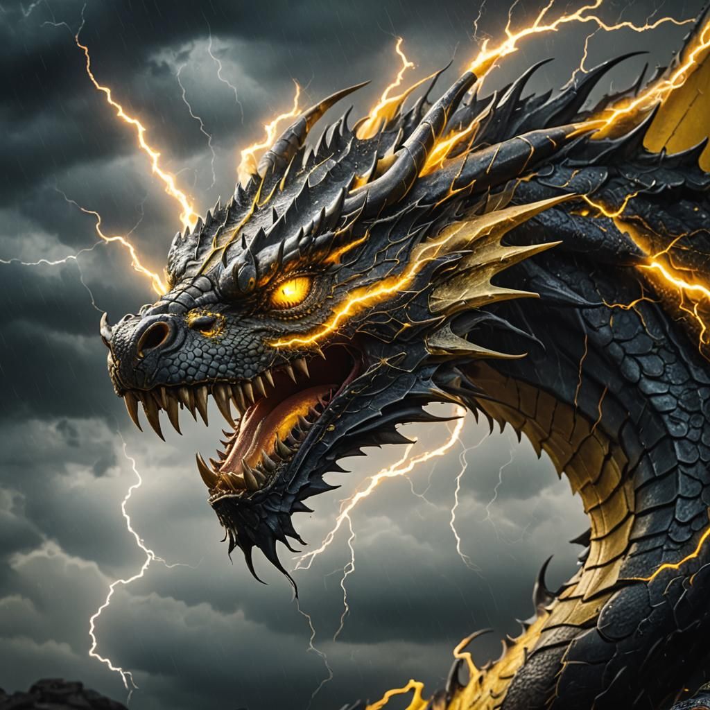 Golden Dragon with Lightning Eyes in Storm