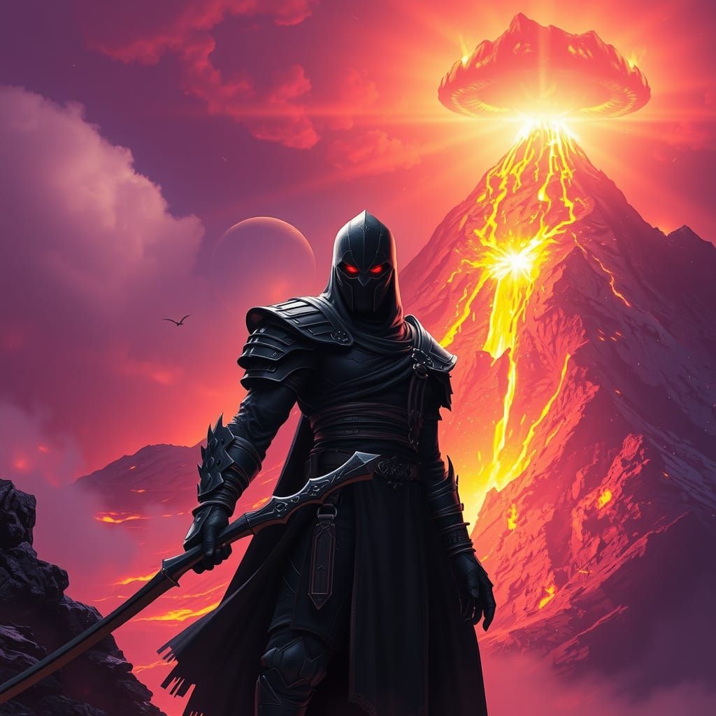 Warrior in Dark Nebula Before Erupting Volcano