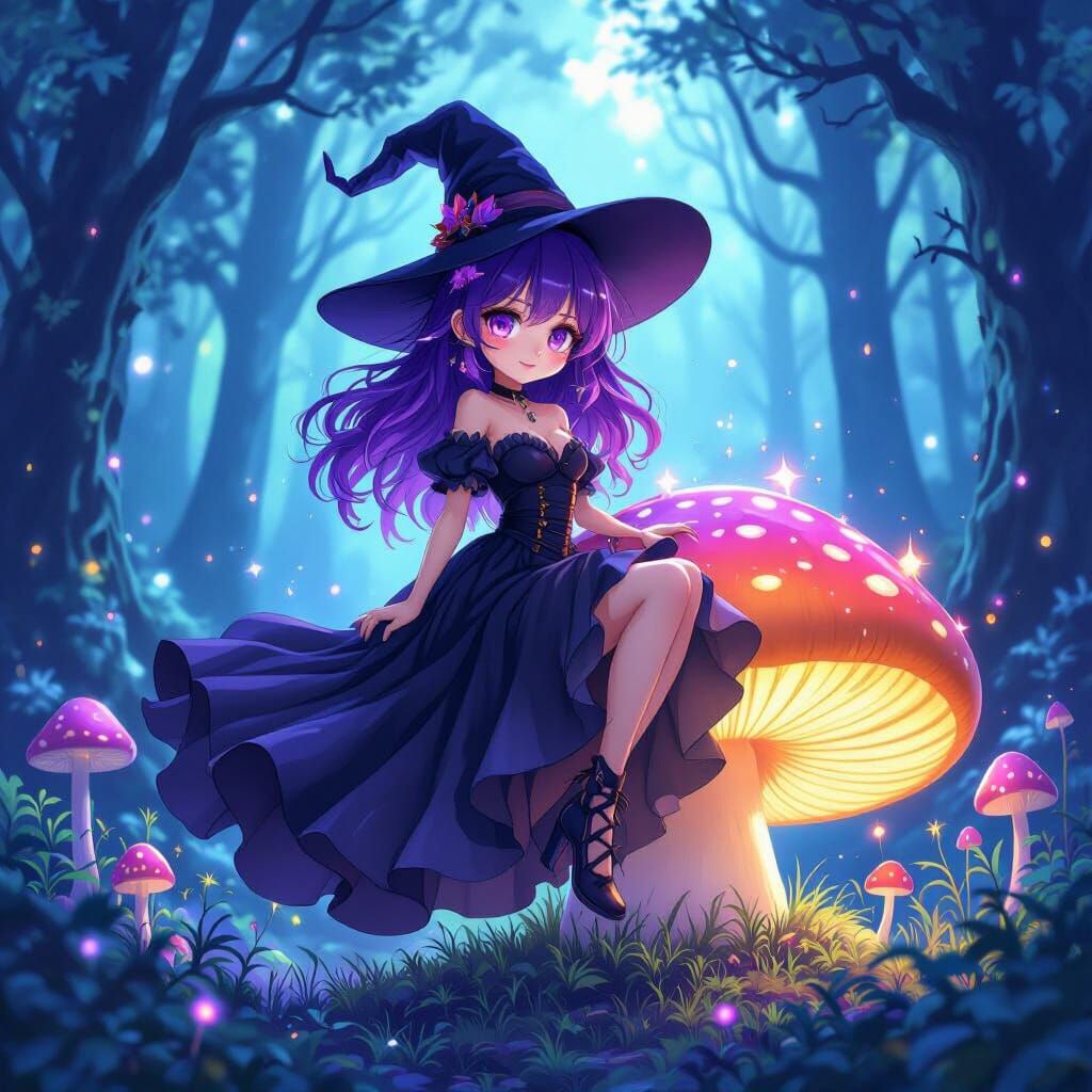 Anime Witch on Mushroom in Bioluminescent Forest