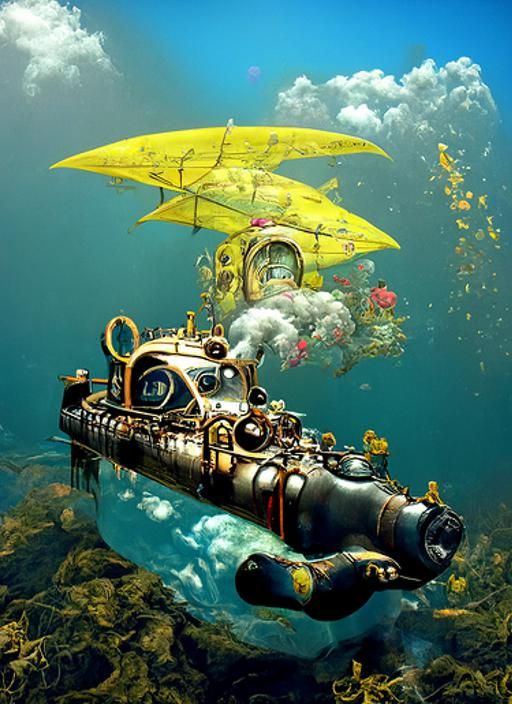 Steampunk Submarine in the Sea: Digital Illustration