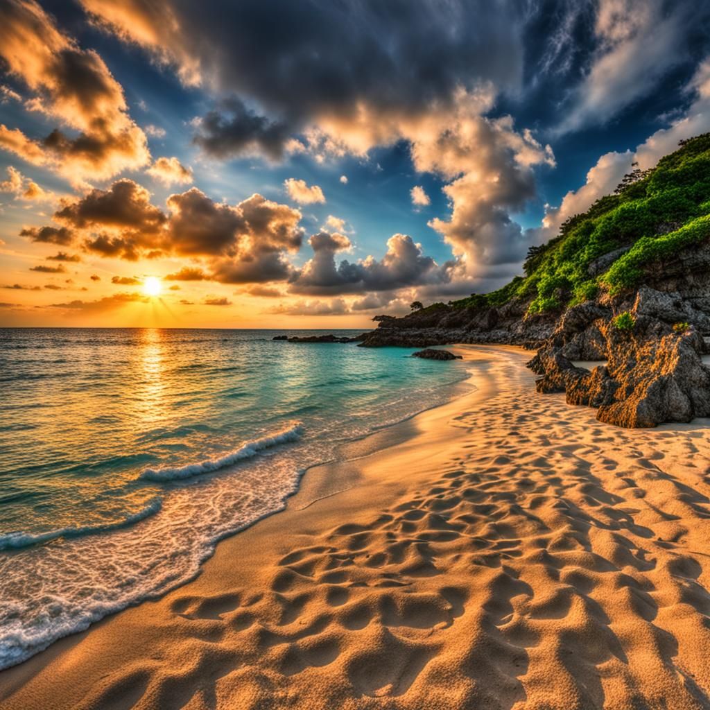 Hyperrealistic Sunset Over Okinawa Beach