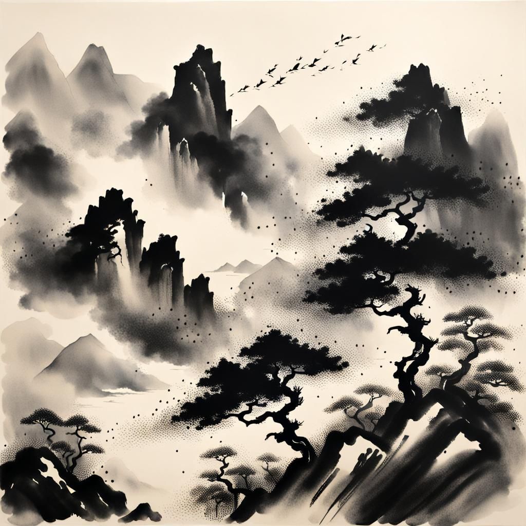 Chinese Mountain Storm: Minimalist Ink Painting