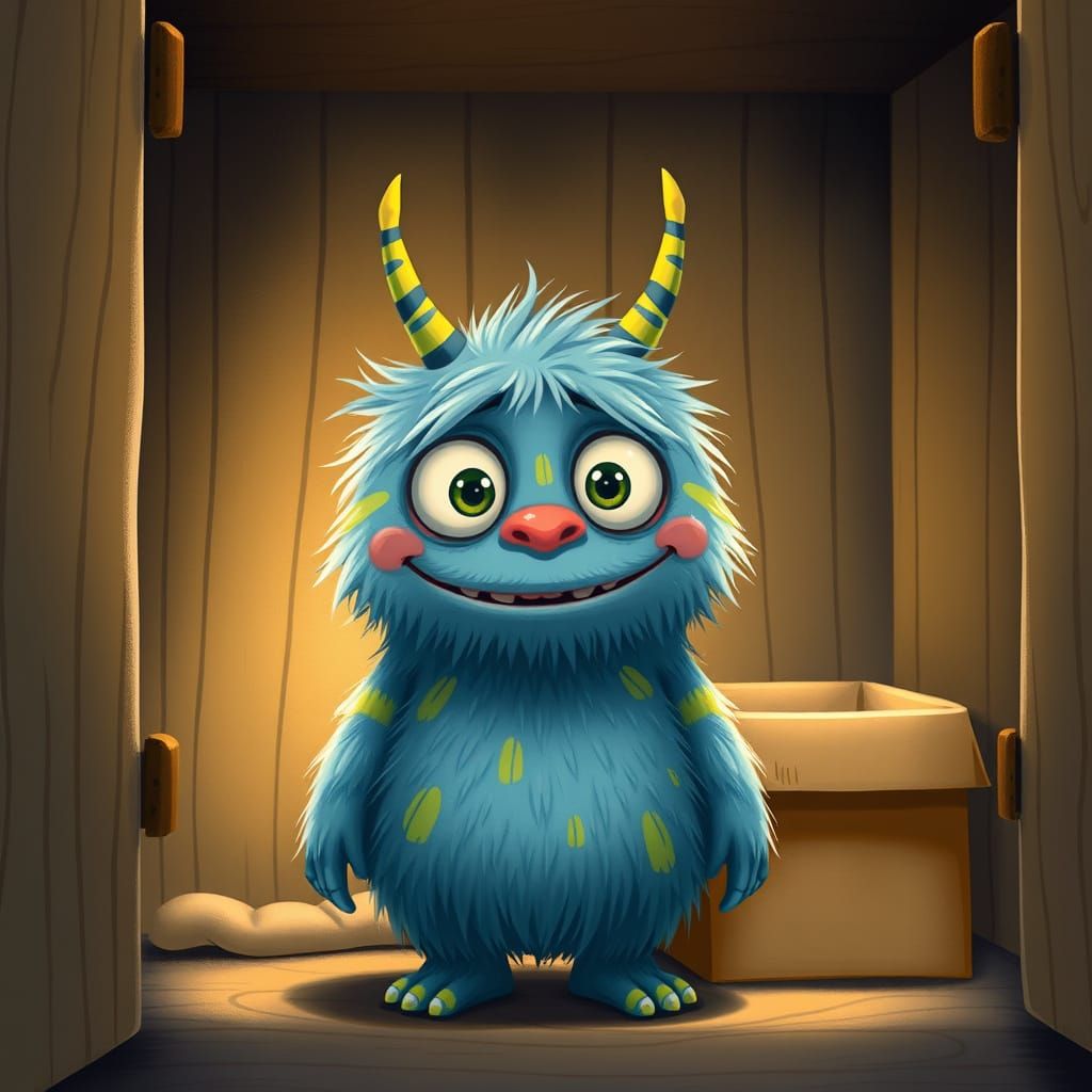 Fuzzy Monster in Cardboard Box: Storybook Illustration