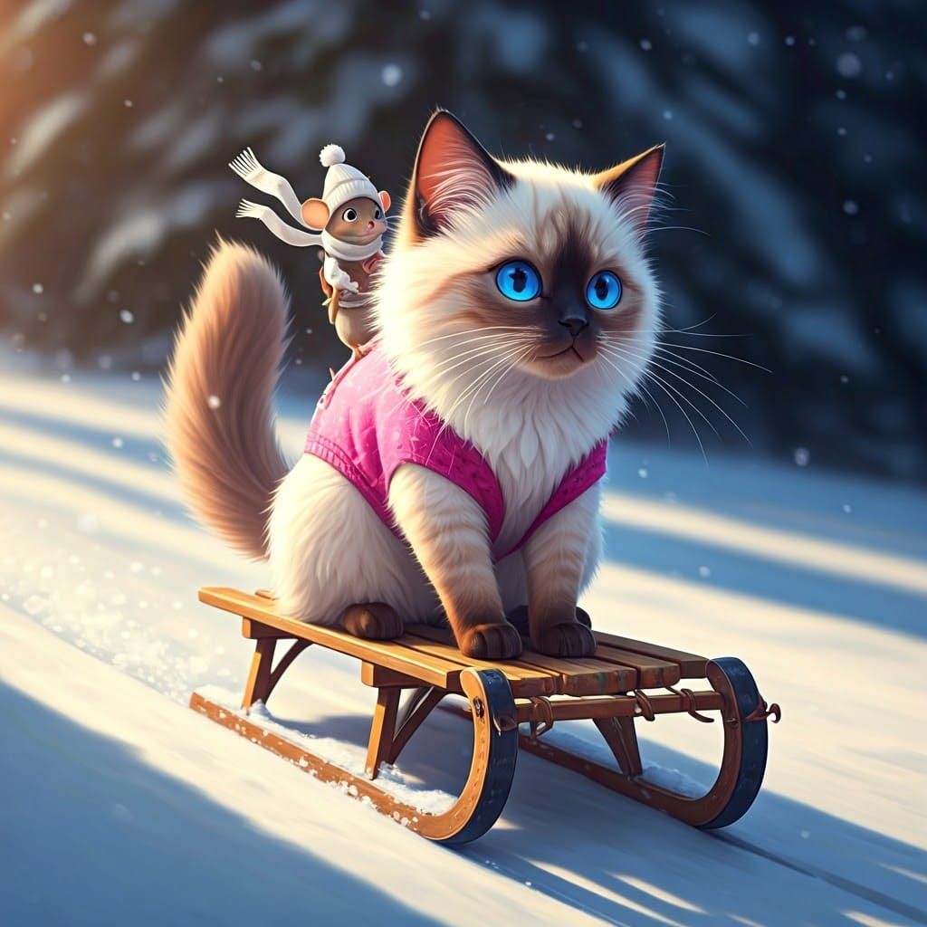 Whimsical Siamese Cat Sleds Down Snowy Hill in Vibrant Anime...