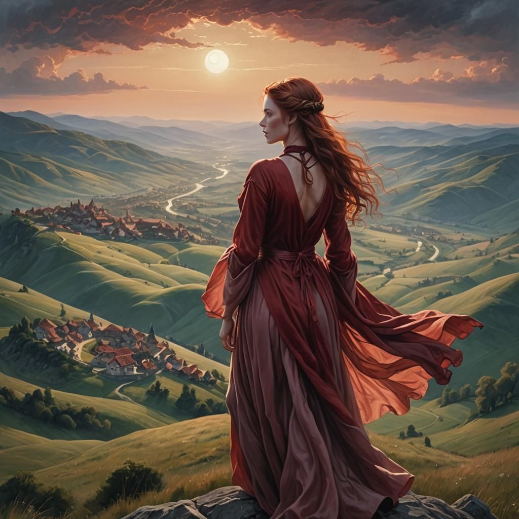 Ethereal Woman on Mountain in Surreal Style