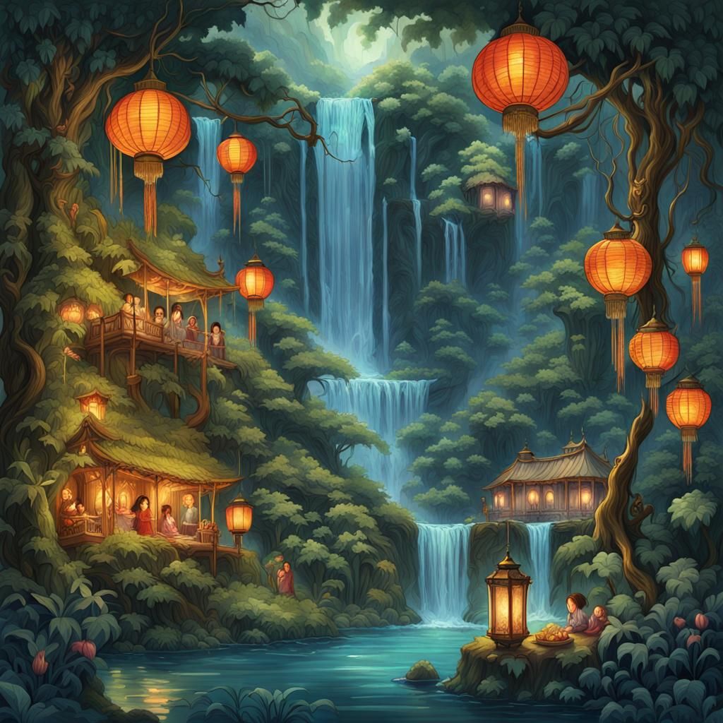 Lush Jungle Waterfall Illustration in Fantasy Style