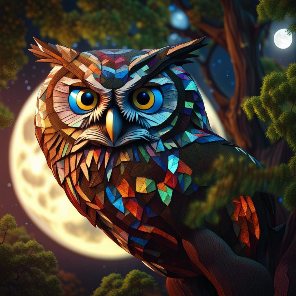 Great Owl and Full Moon Mosaic in Forest