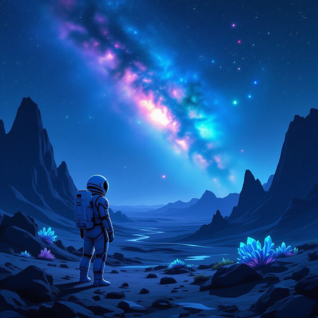 Astronaut Gazes at Bioluminescent Nebula on Alien Planet