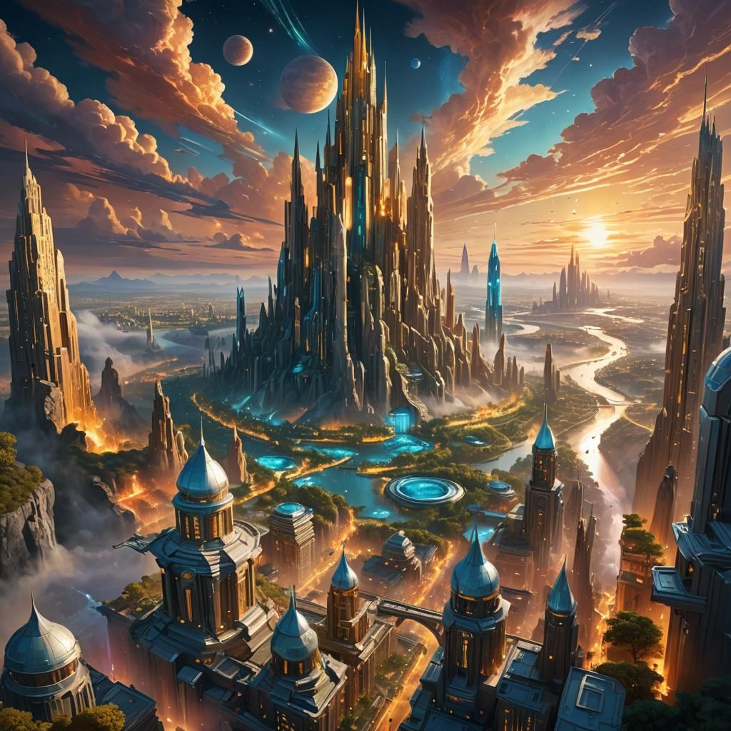 Futuristic City in Clouds with Aurora Borealis