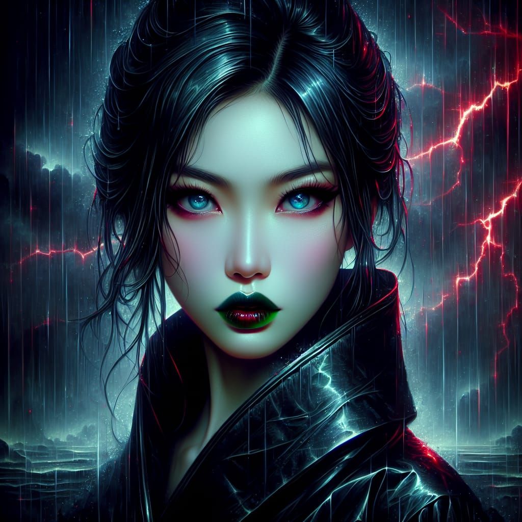 Gothic Geisha with Laser Eyes in Stained Glass Style