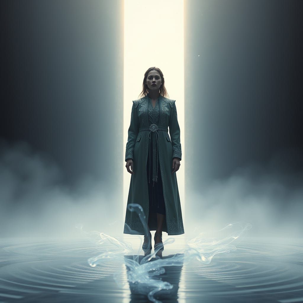 Ethereal Figure Stands at the Threshold of a Shimmering Port...