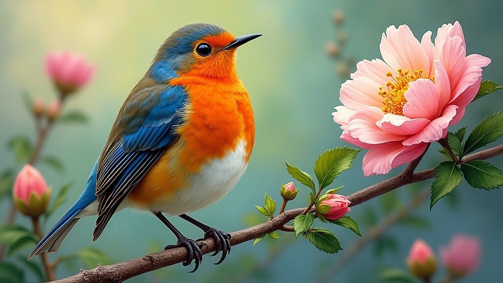 Robin in Floral Splendor: Impasto Style