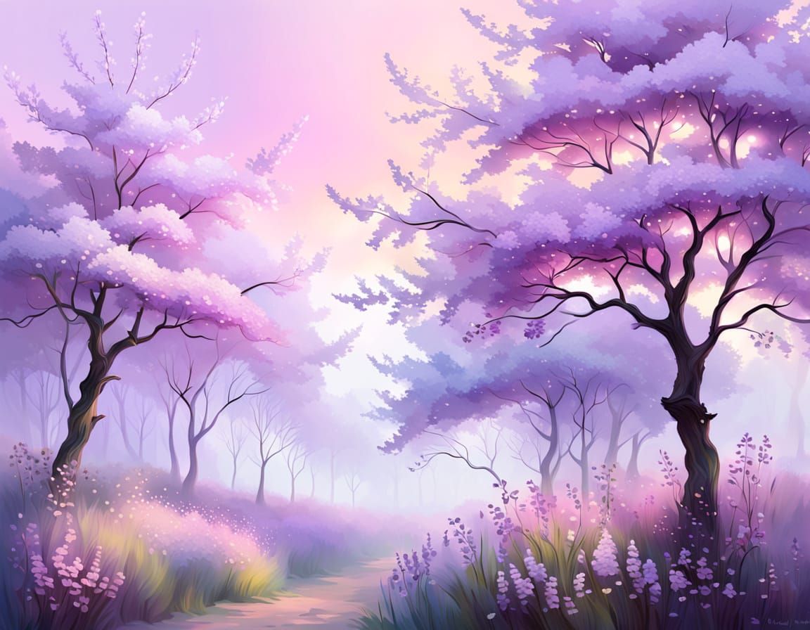 Surreal Landscape in Soft Focus with Lilac Blooms under a La...