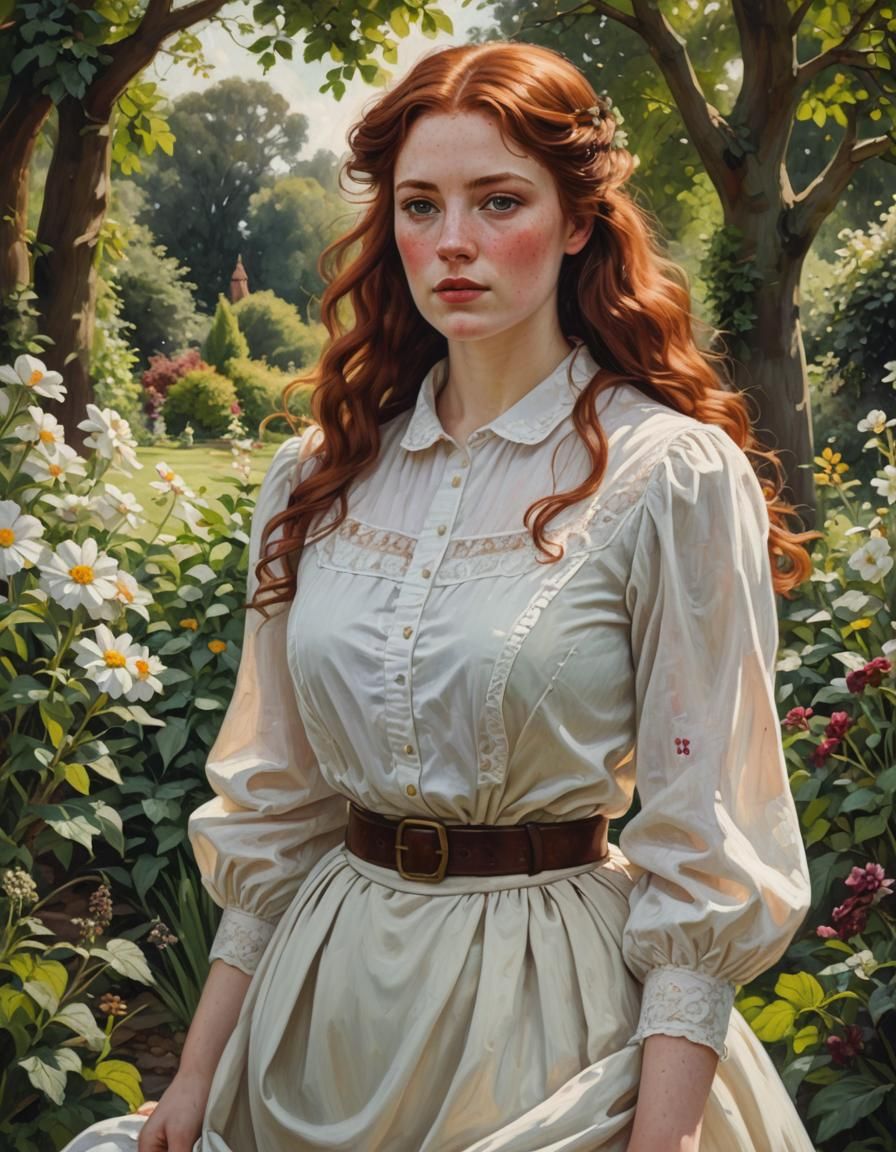 A beautiful curvy young Victorian woman with auburn hair and freckles in a white blouse and skirt in a garden, half body...