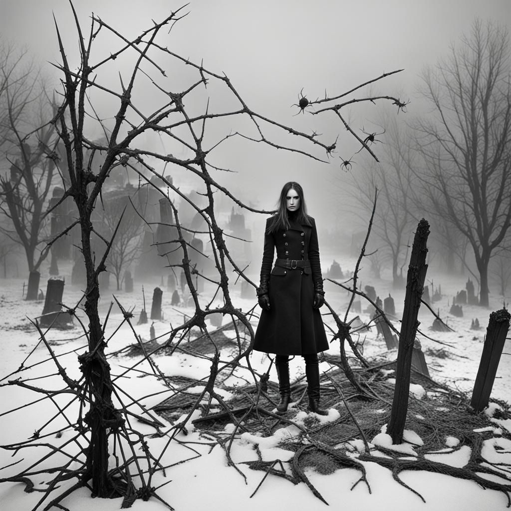 Gothic Fashion Model in Dystopian Landscape