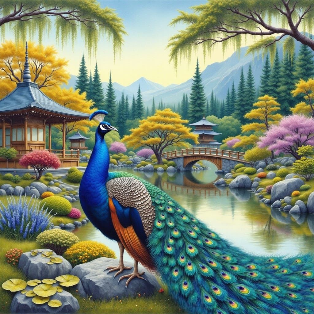 Vibrant Peacock in Japanese Paradise: A Dreamy, Detailed, Go...