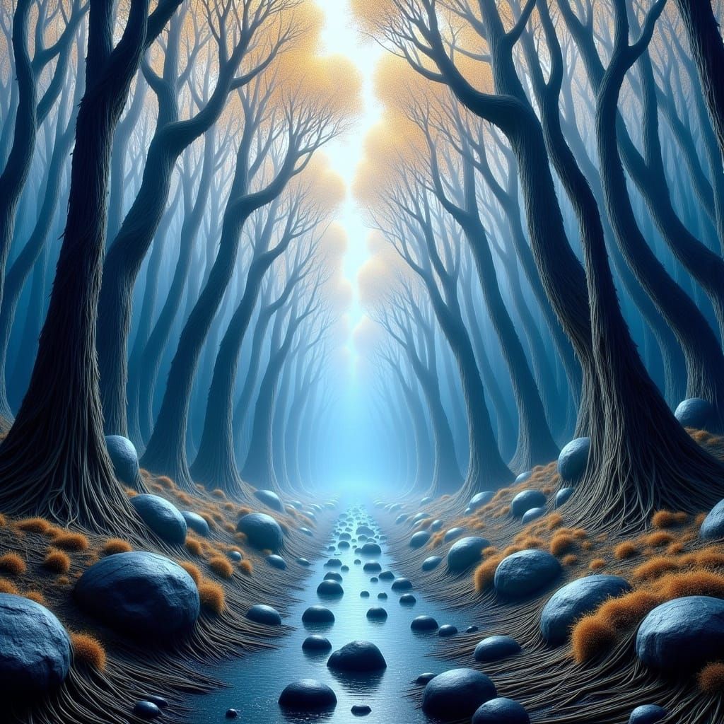 Crystalline Forest Landscape in Blue, Silver, and Gold