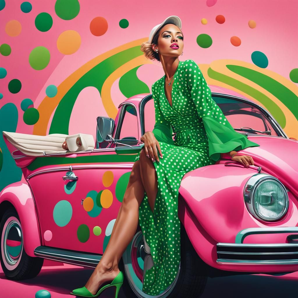 Woman in Pink Beetle: Hyperrealistic Digital Art