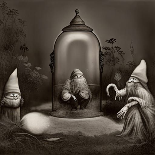 Creepy Noir Gnomes Guarding Ghost in Bell Jar