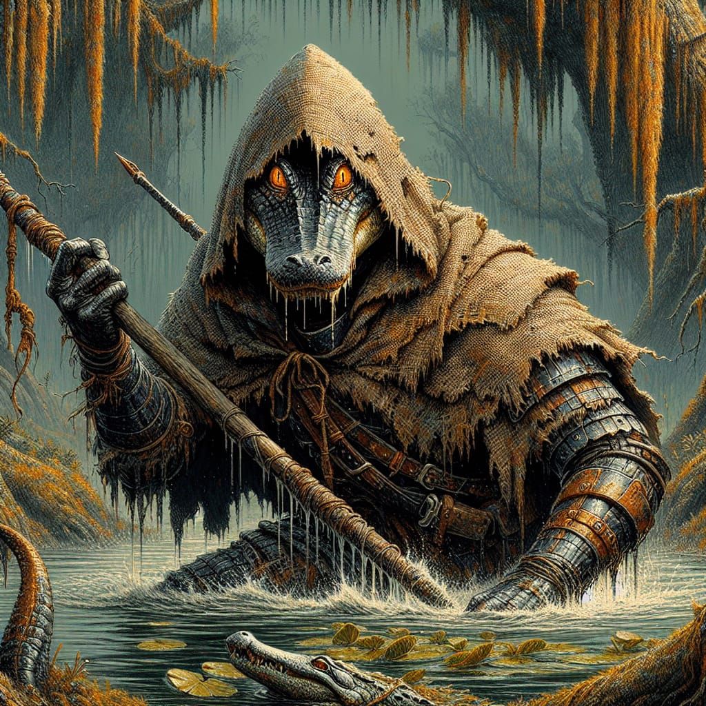Heroic Alligator Warrior in Dark Fantasy Style