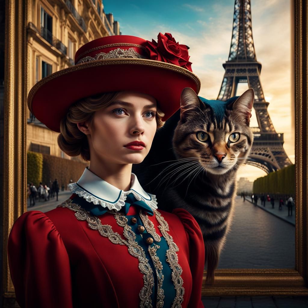 French Cat in Parisian Attire: Detailed Matte Painting