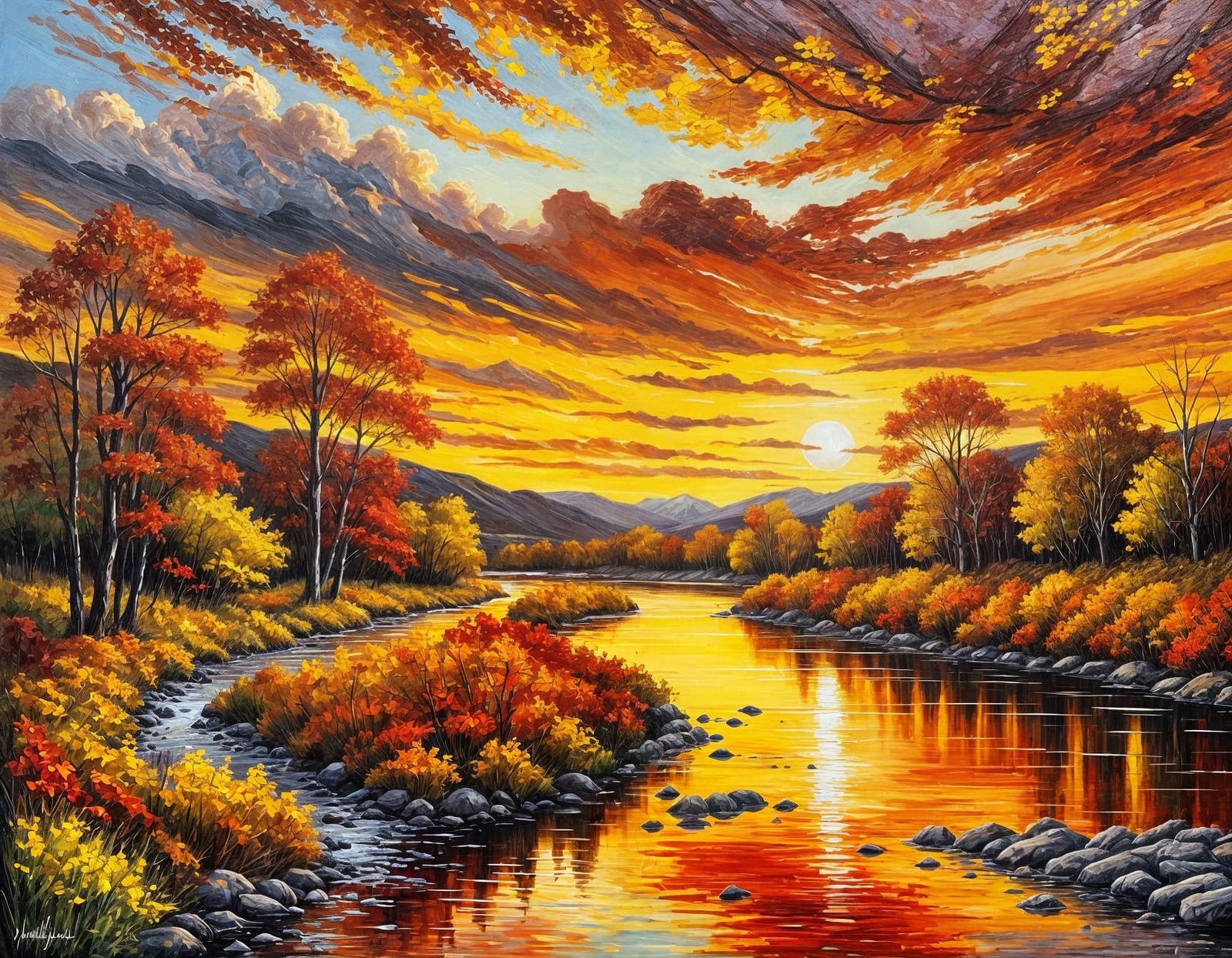 Autumn Sunset in Vibrant Oil on Canvas