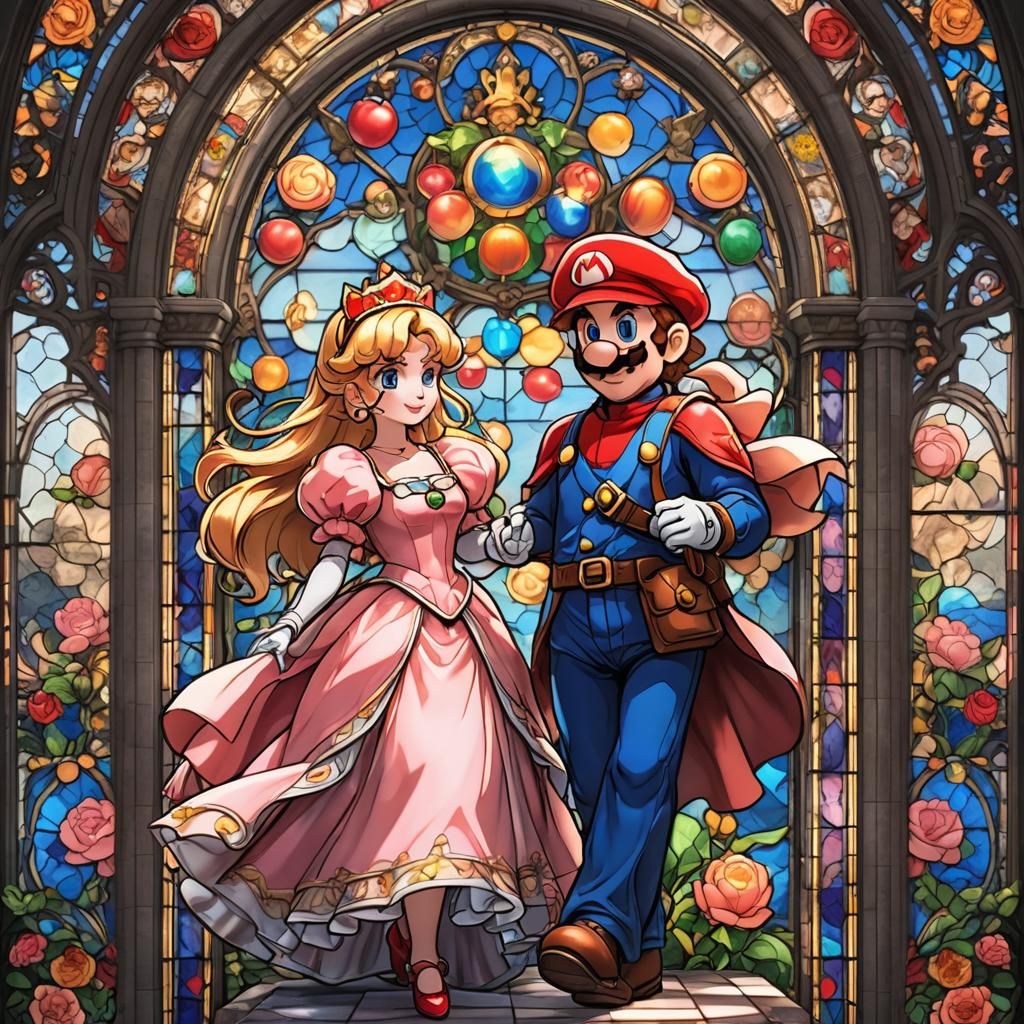 Mario and Peach Stained Glass Anime Art