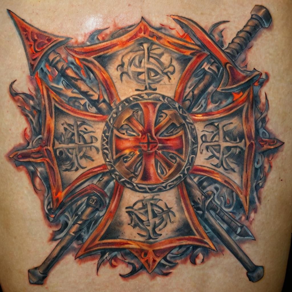 Tattoo,  Maltese Cross, Crossed pike pole and fire axe,
