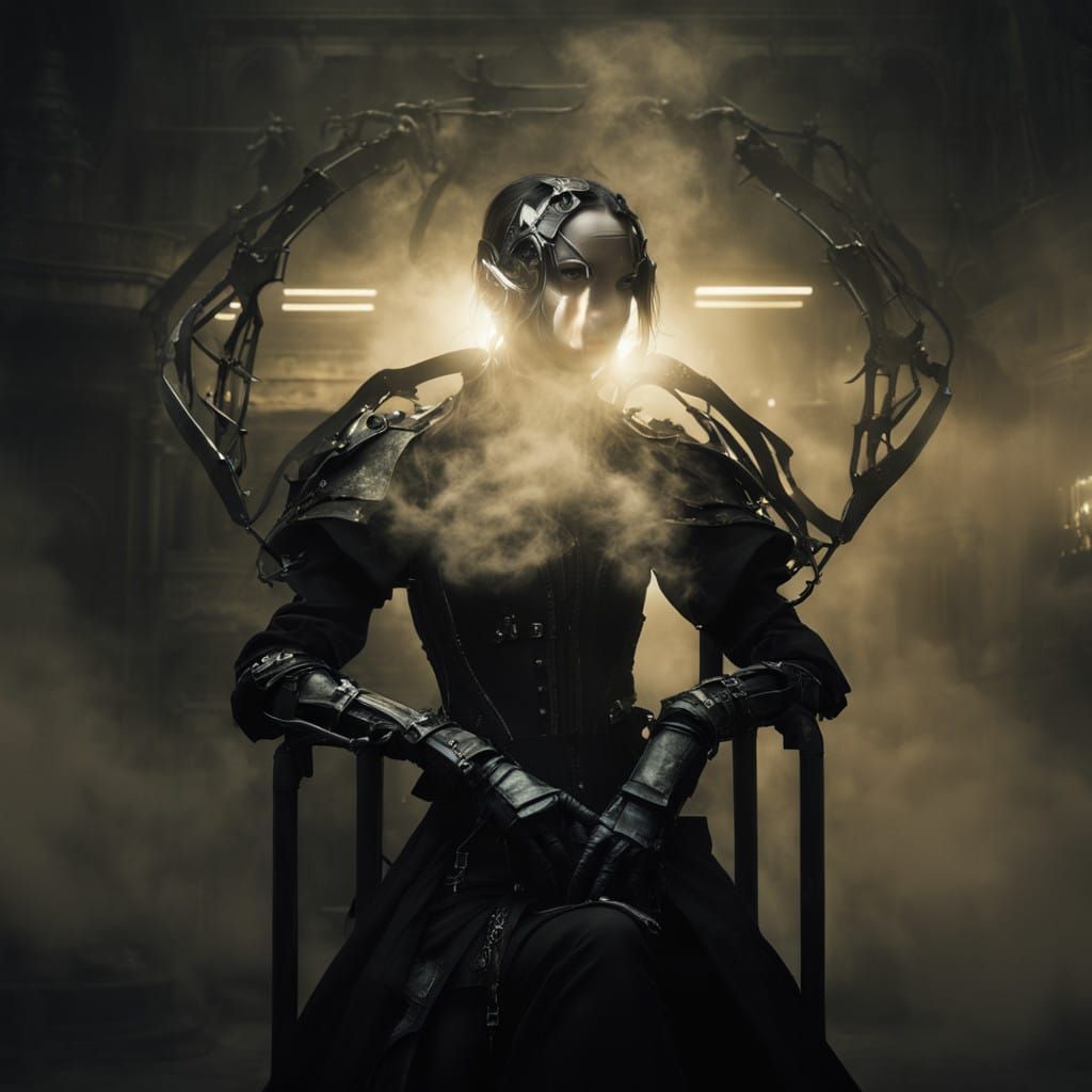 Ethereal Chrome Goddess in Dark, Cyberpunk Haze