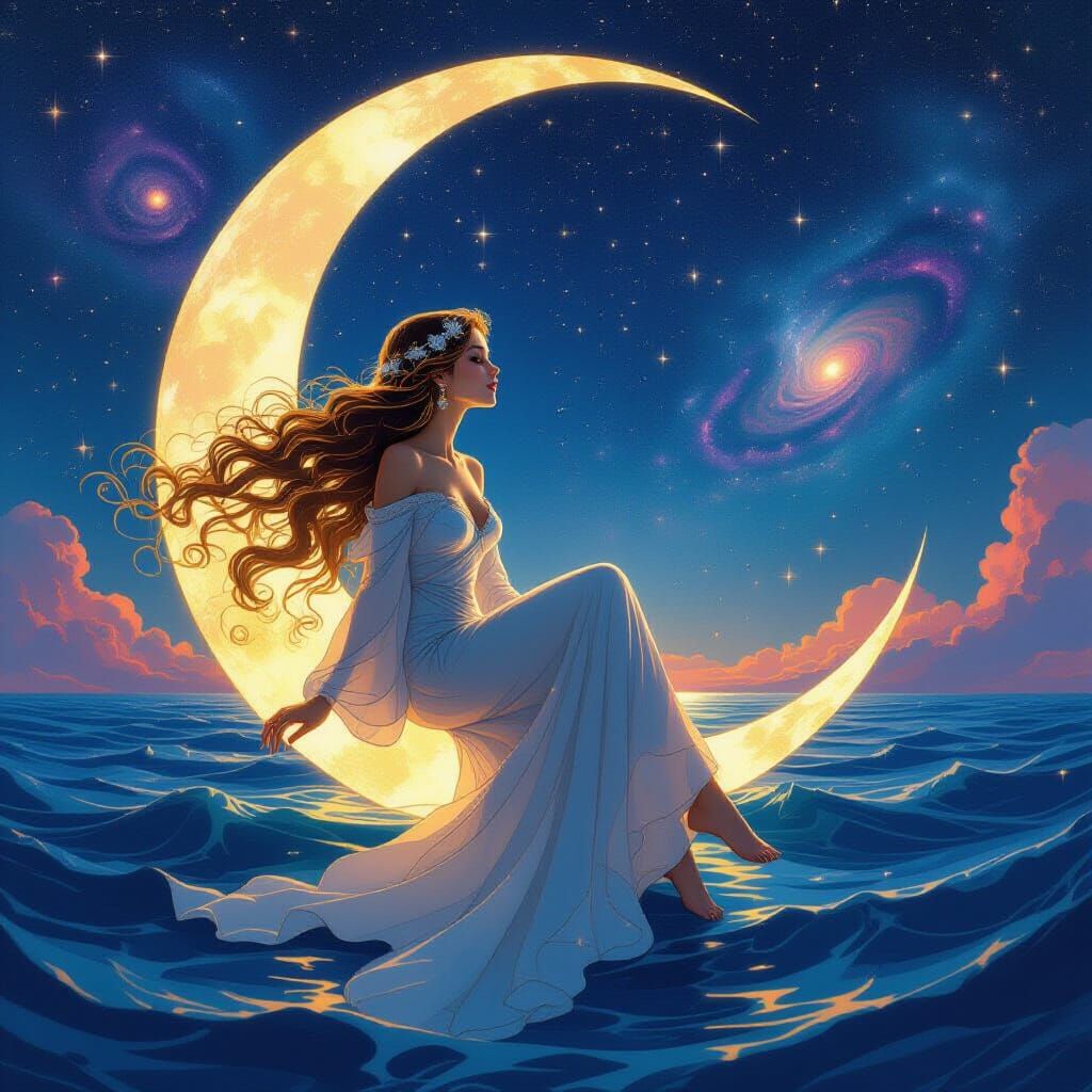 Cosmic Stardust Woman on Moon, Fantasy Illustration