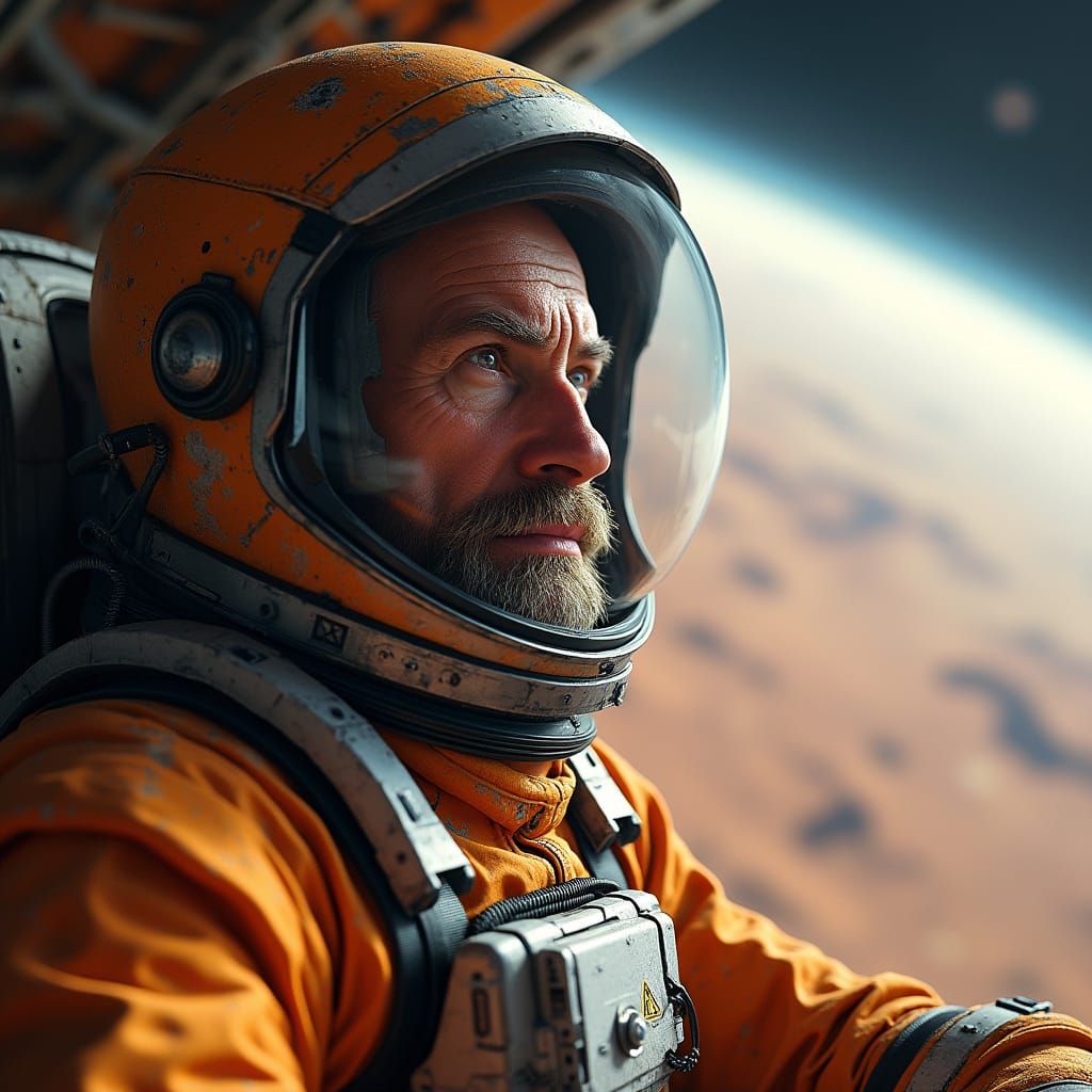 Grizzled Space Veteran in Orbit Above a Desert Planet