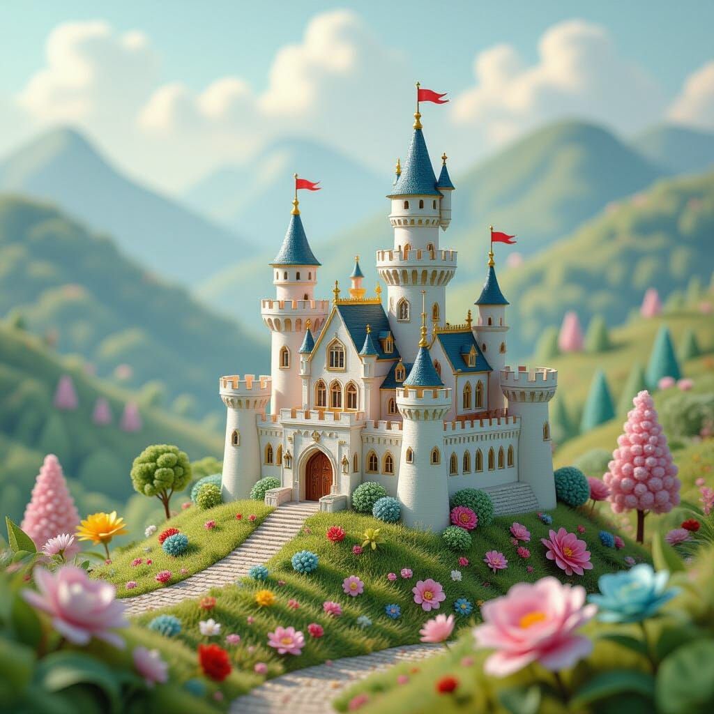 Miniature Paper Castle Overlooking Beaded Trees and Flowers